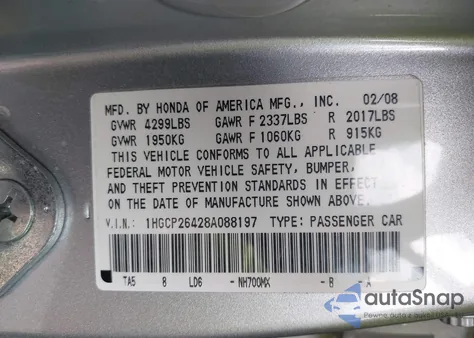 2008 Honda Accord 2.4 Lx-P из США, поврежденный, VIN 1HGCP26428A088197